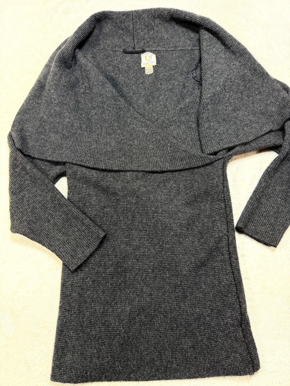 Damask 100% Cashmere Waffle Knit Drape Tunic Sweater Grey Quiet Luxury Sz OS